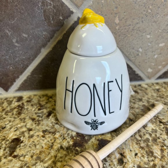 Rae Dunn HONEY Pot w Wooden Dipper Honey Jar Yellow Honey Bee Artisan Collection - Picture 2 of 8